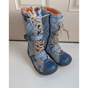 TMA EYES Boots Women's 7-7.5 /38 Strape-Accent Washed PU Leather Flat Blue